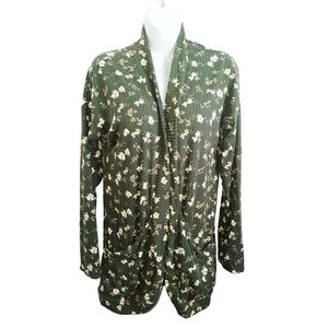 Égy Green Floral Ribbed open Cardigan M cottage core with pockets